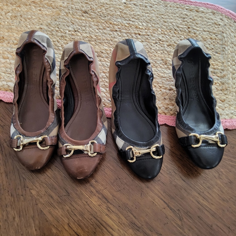 Burberry Bundle Women's Check Flats in Brown and Black with Gold Buckle